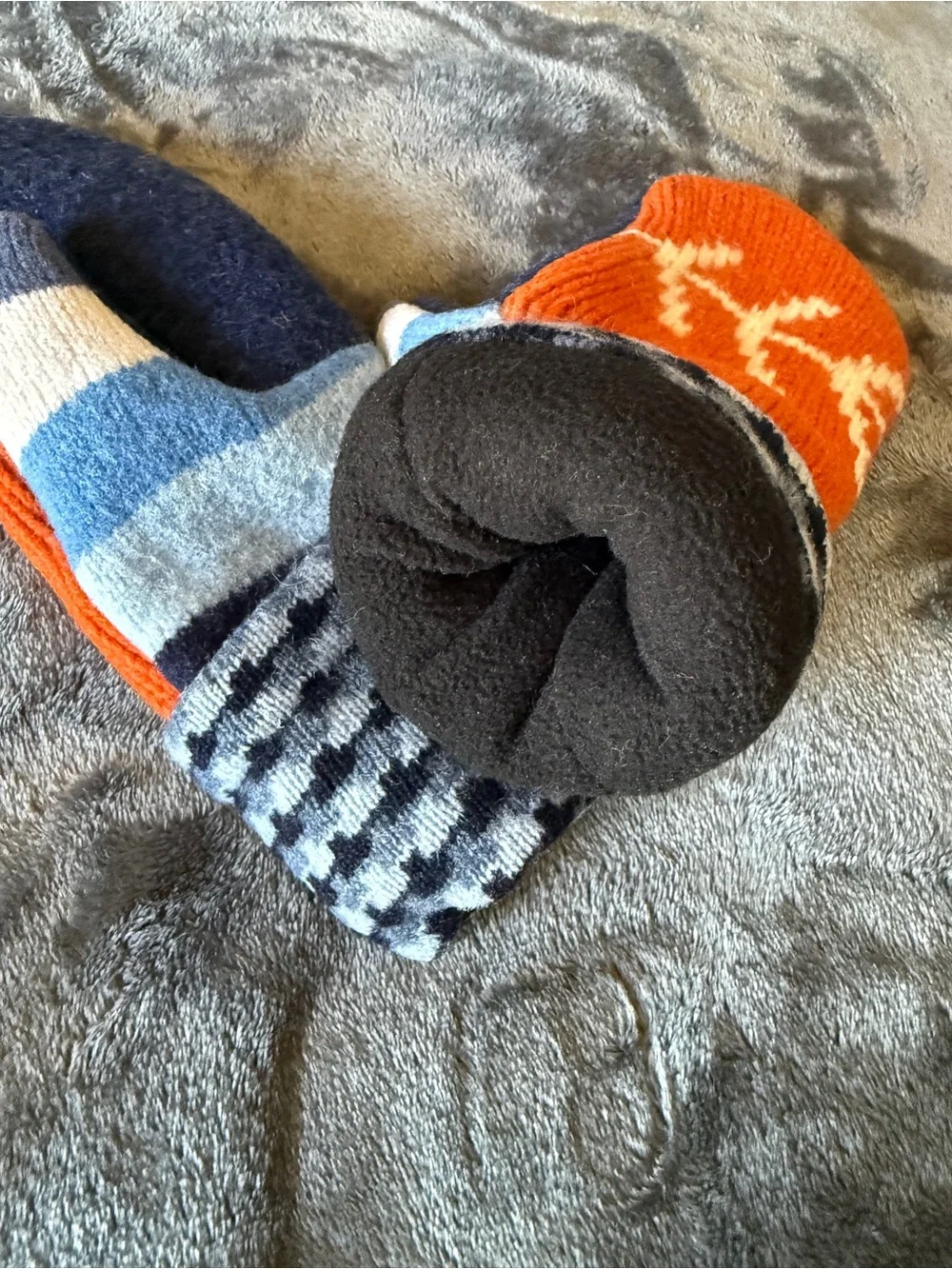 Upcycled Fleece Lined Sweater Mittens M Blue Orange